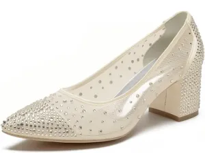 Low Block Heel Wedding Shoes for Bride - Closed Toe Glitter Bridal Beaded Evening Footwear