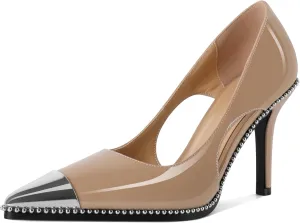 Mettesally Stiletto Heels Beaded Pumps for Women Sliver Cap Pointed Toe Pumps Sexy Cut Out High Heels for Women Dressy Causal 3.5 Inch