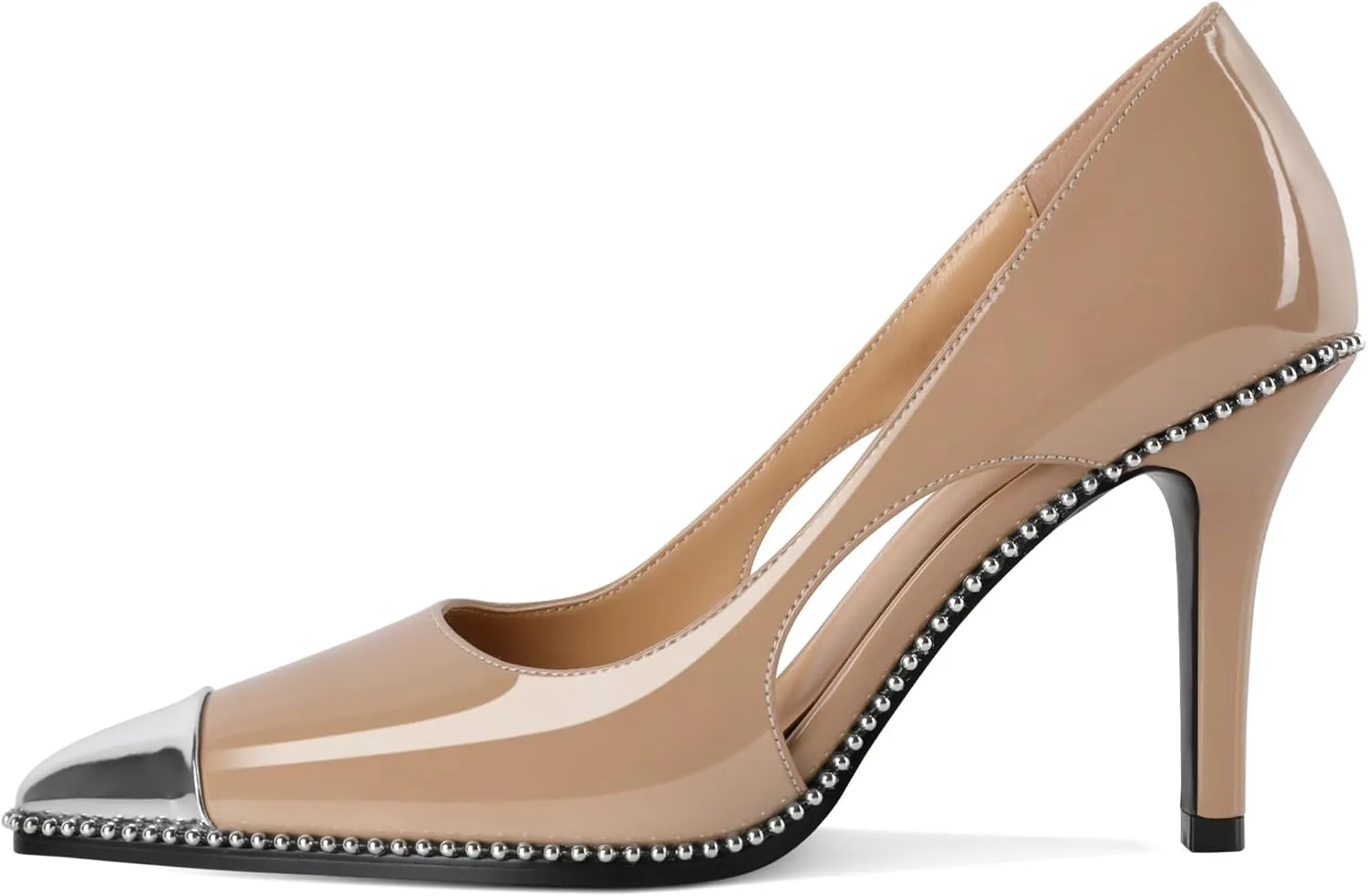 Mettesally Stiletto Heels Beaded Pumps for Women Sliver Cap Pointed Toe Pumps Sexy Cut Out High Heels for Women Dressy Causal 3.5 Inch