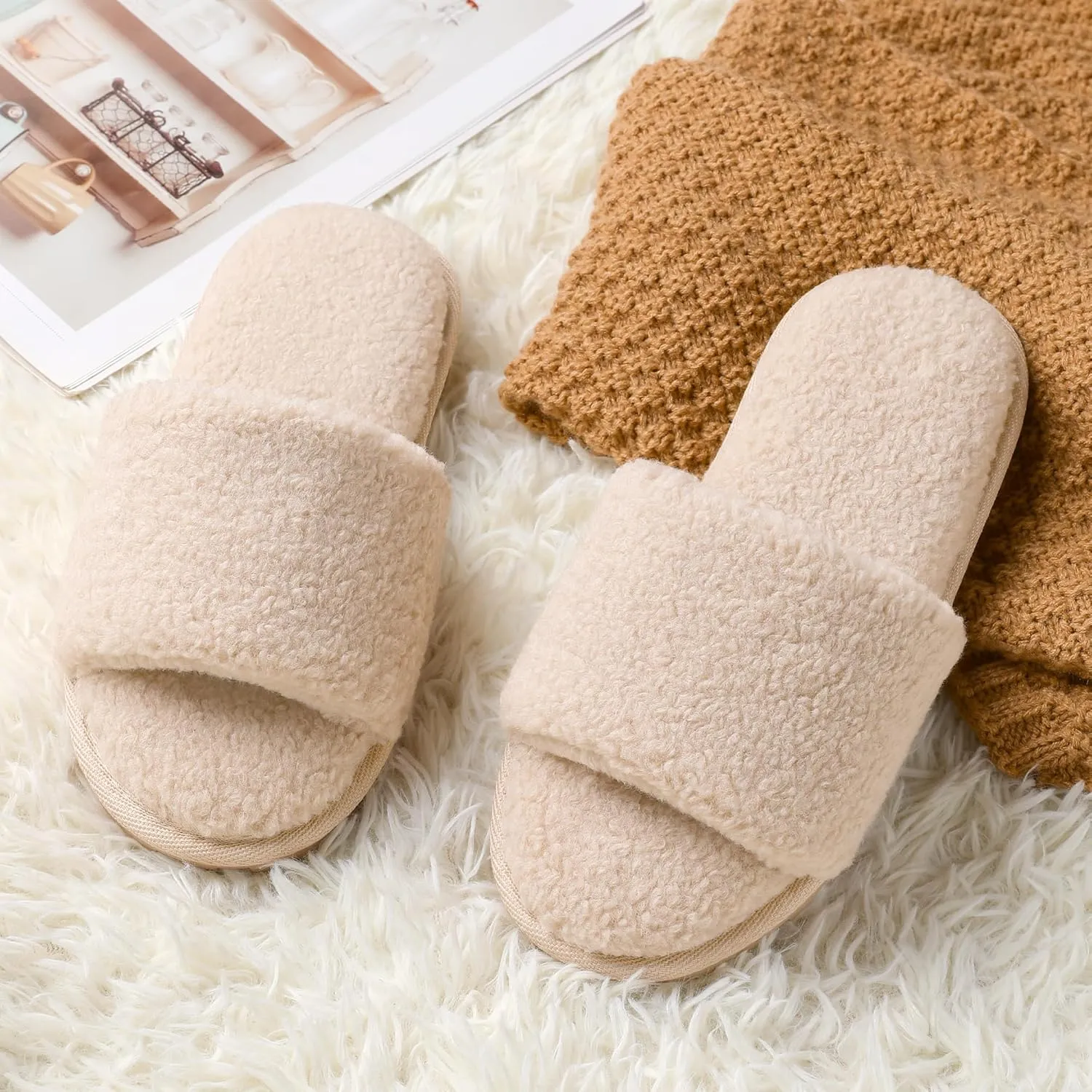 MIXIN Women's Open Toe Slippers Indoor Warm Fuzzy Fur Lining Soft Anti-Slip House Shoes