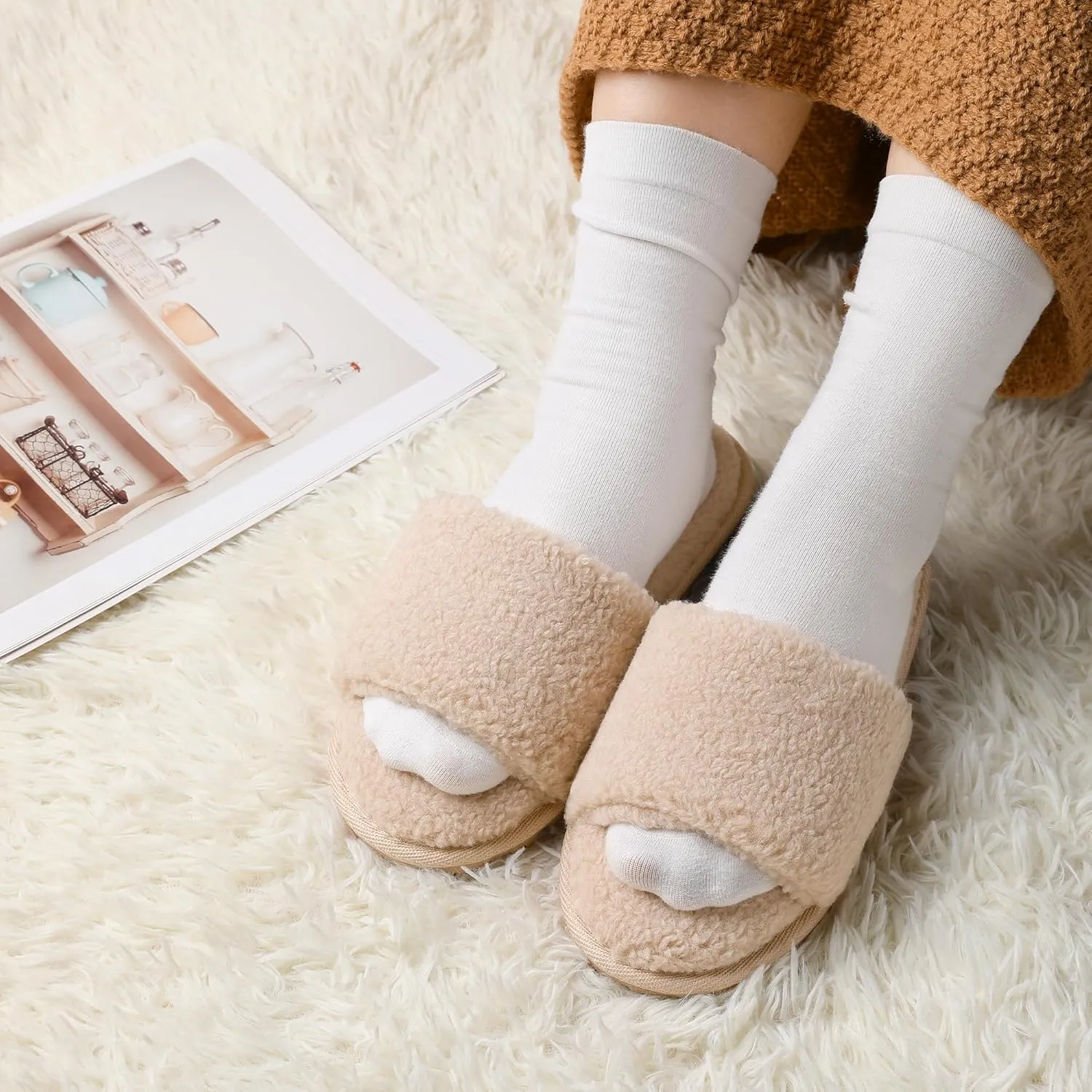 MIXIN Women's Open Toe Slippers Indoor Warm Fuzzy Fur Lining Soft Anti-Slip House Shoes