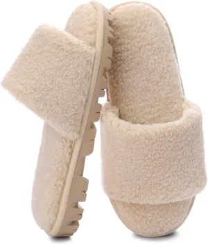 MIXIN Women's Open Toe Slippers Indoor Warm Fuzzy Fur Lining Soft Anti-Slip House Shoes