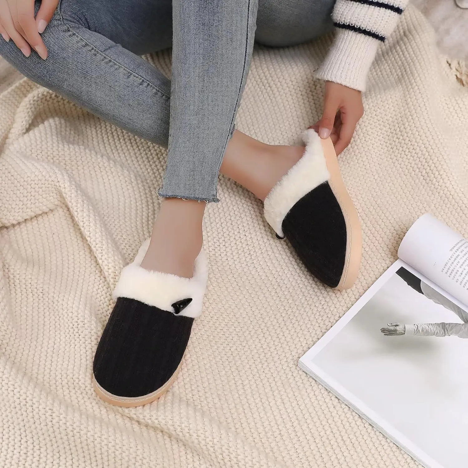 NineCiFun Women's Slip on Fuzzy House Slippers Memory Foam Slippers Scuff Outdoor Indoor Warm Plush Bedroom Shoes with Faux Fur Lining