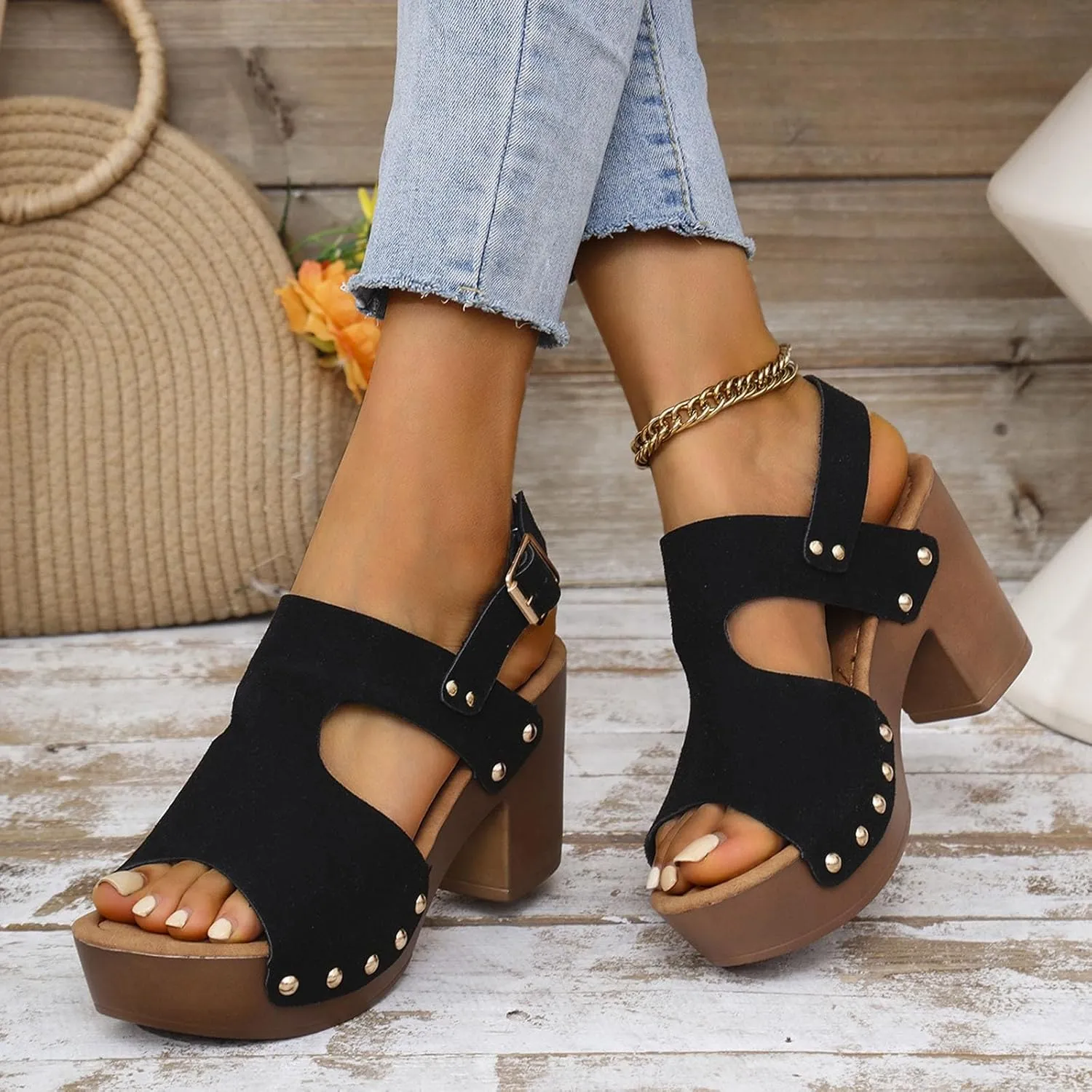 Platform Heels for Women Suede Studded Platform High Heel Stylish Roman Block Heel Sandals with Buckle Ankle Strap