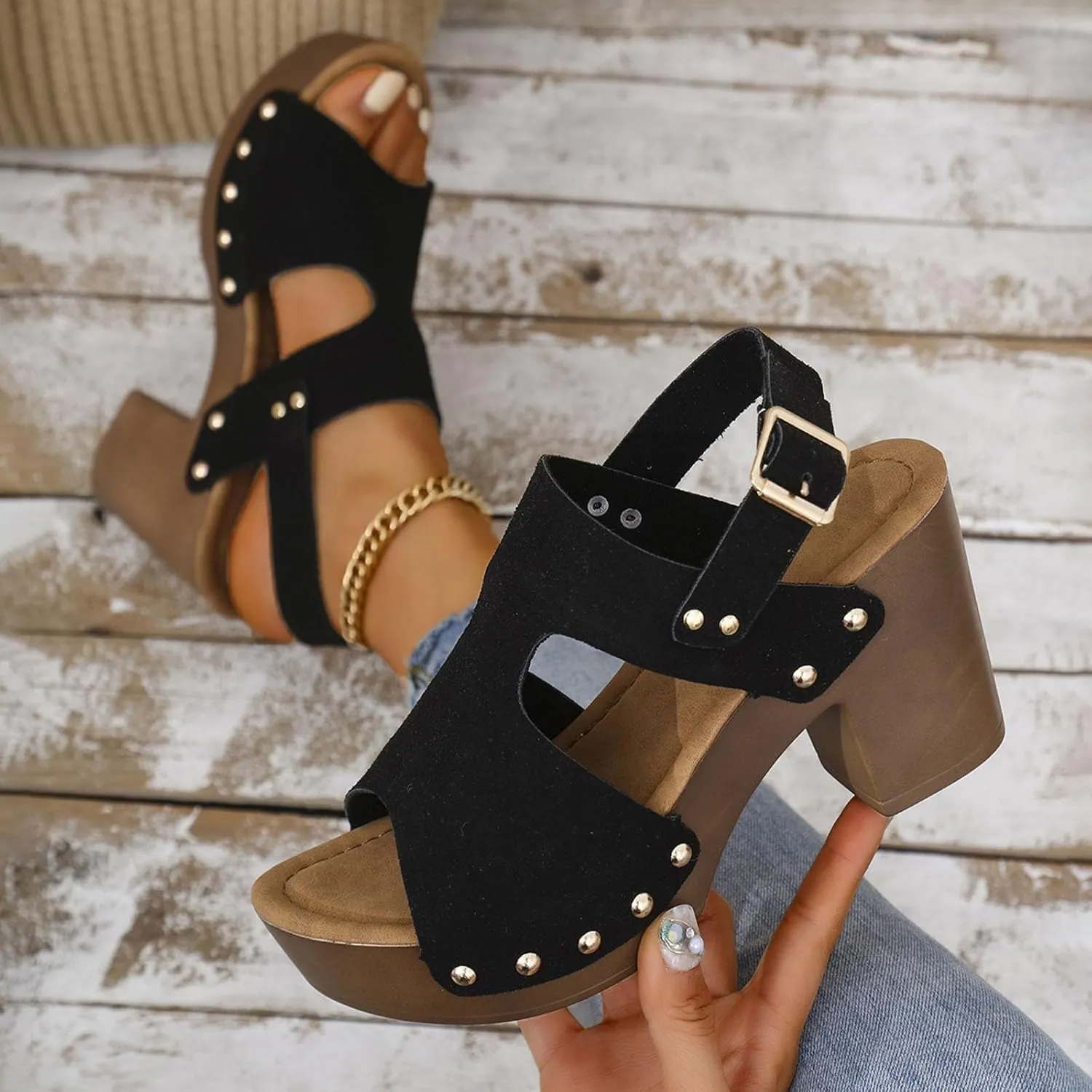 Platform Heels for Women Suede Studded Platform High Heel Stylish Roman Block Heel Sandals with Buckle Ankle Strap