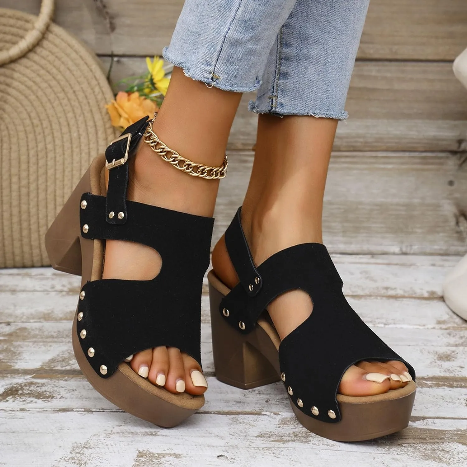 Platform Heels for Women Suede Studded Platform High Heel Stylish Roman Block Heel Sandals with Buckle Ankle Strap