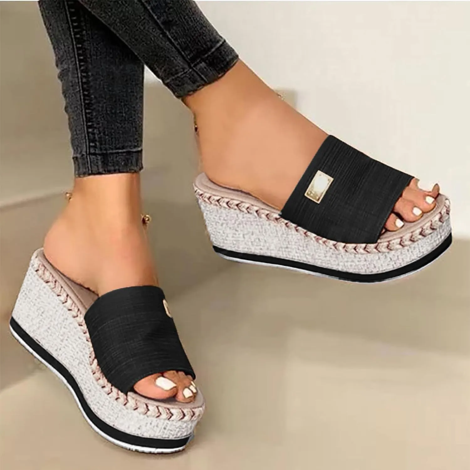 Platform Sandals Women Slip on Espadrille Sandals for Women Wedges Slides Open Toe Comfortable Wide Width Summer Outdoor Camping Walking Vacation Slides Sandal
