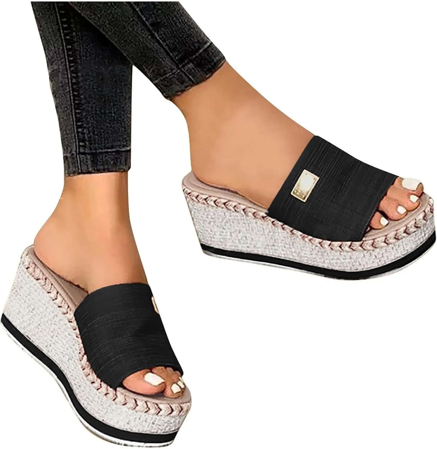 Platform Sandals Women Slip on Espadrille Sandals for Women Wedges Slides Open Toe Comfortable Wide Width Summer Outdoor Camping Walking Vacation Slides Sandal