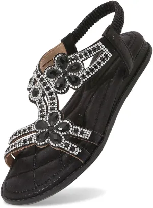 Rhinestone Sandals for Women Comfortable Spring Shoes 2025 Elastic Ankle Strap Lightweight Strappy Platform Sandals