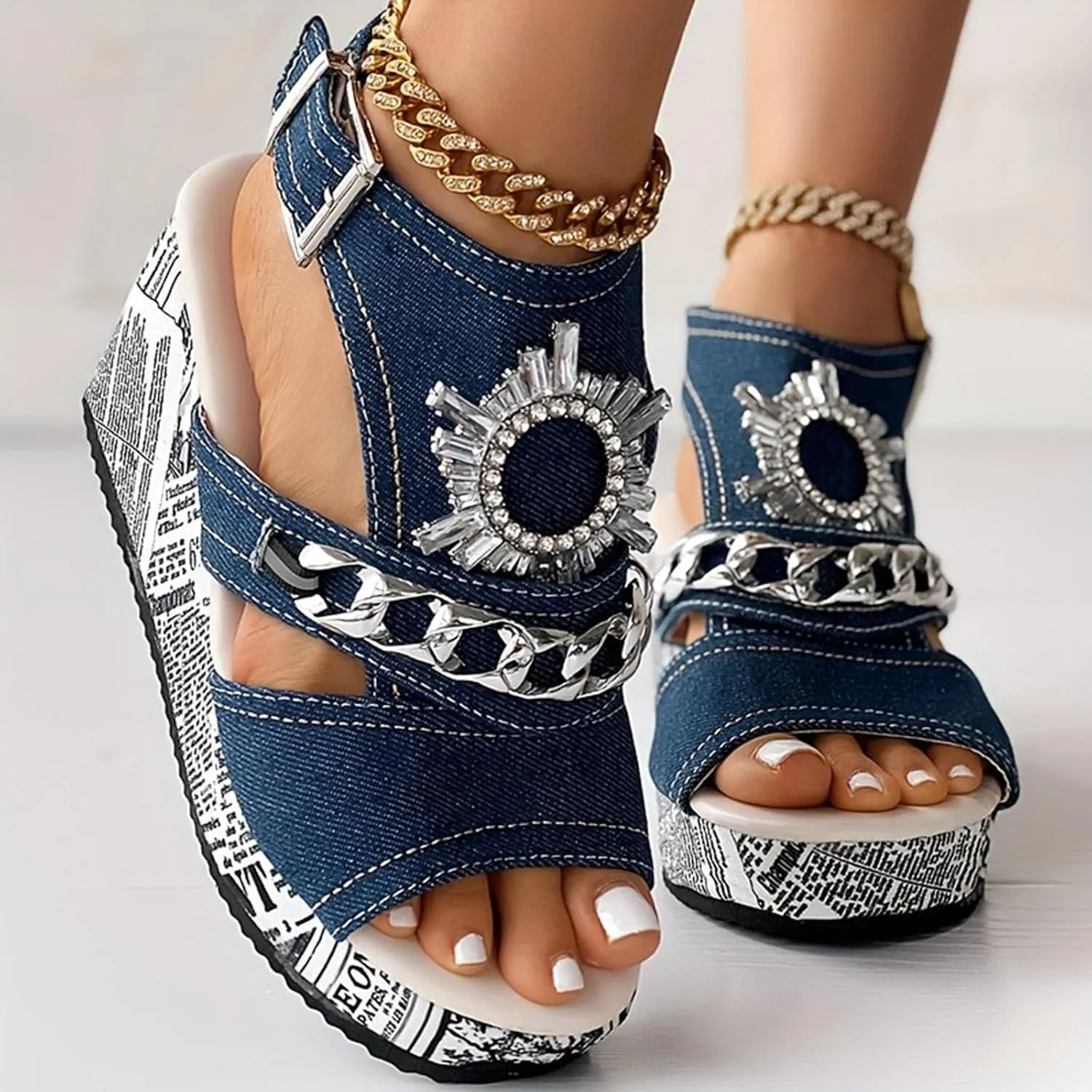 Roorsily Breathable Summer Sandals for Women Fish Mouth Sandals Comfortable Versatile Rhinestone Thick Bottom Sandals