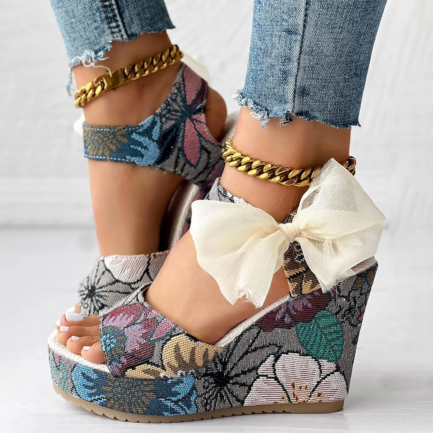 Roorsily Espadrilles Wedges Sandals for Women Thick Bottom Bohemian Sandals Fashion Wedge Sandals Satin Bowknot Sandals