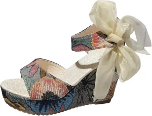Roorsily Espadrilles Wedges Sandals for Women Thick Bottom Bohemian Sandals Fashion Wedge Sandals Satin Bowknot Sandals
