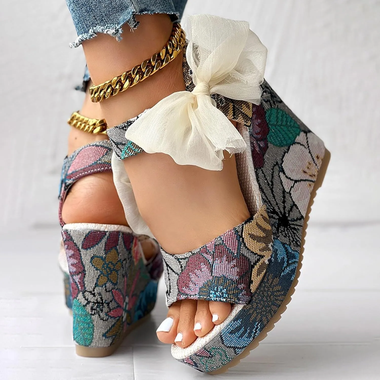 Roorsily Espadrilles Wedges Sandals for Women Thick Bottom Bohemian Sandals Fashion Wedge Sandals Satin Bowknot Sandals