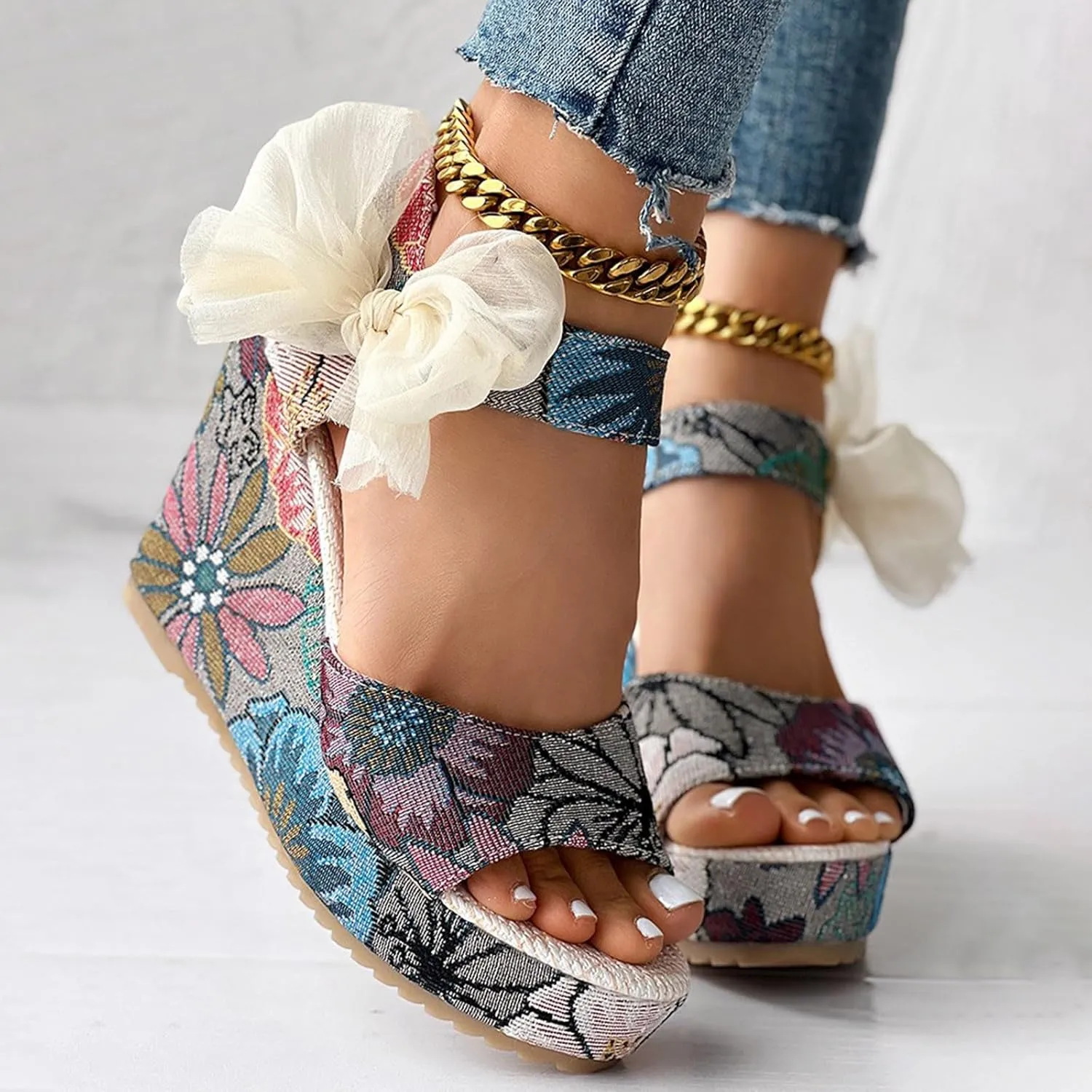 Roorsily Espadrilles Wedges Sandals for Women Thick Bottom Bohemian Sandals Fashion Wedge Sandals Satin Bowknot Sandals