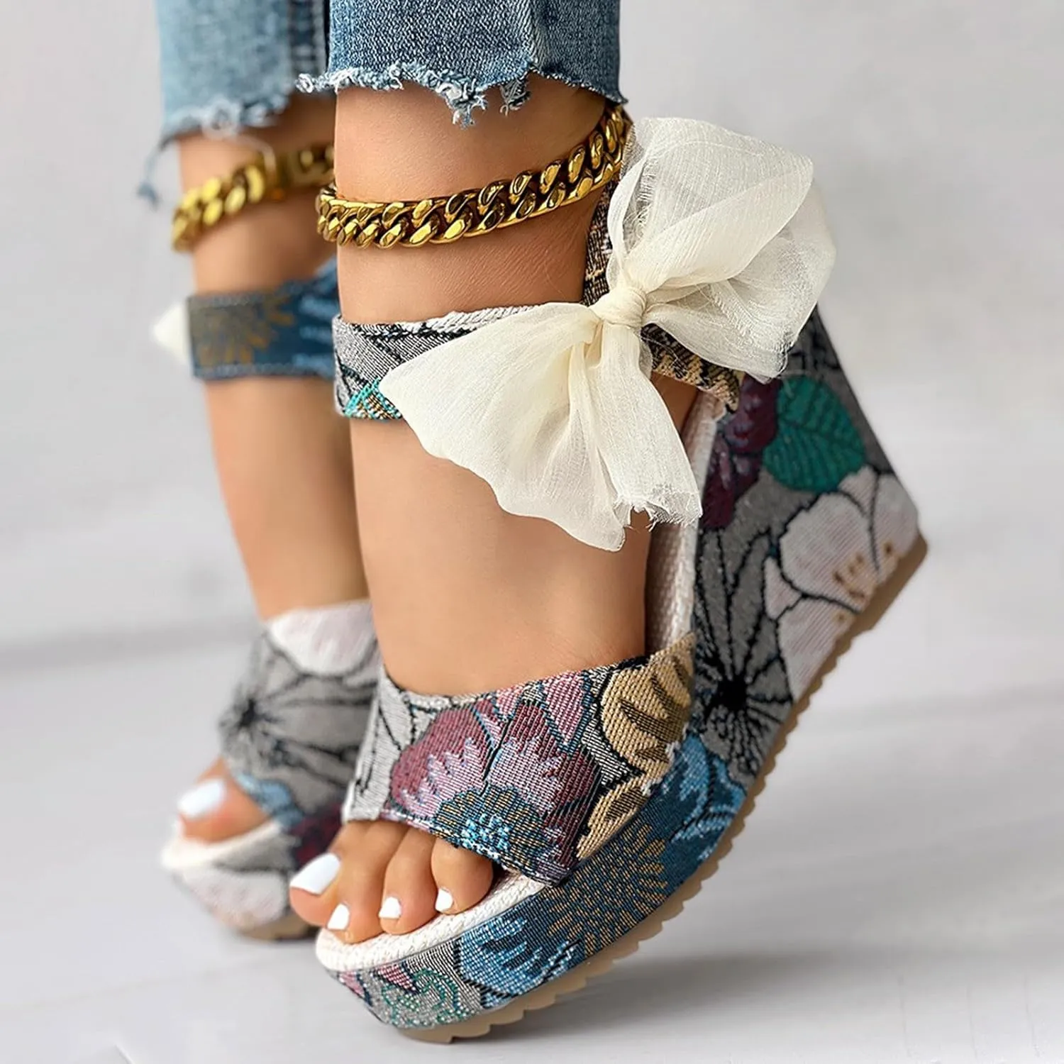 Roorsily Espadrilles Wedges Sandals for Women Thick Bottom Bohemian Sandals Fashion Wedge Sandals Satin Bowknot Sandals