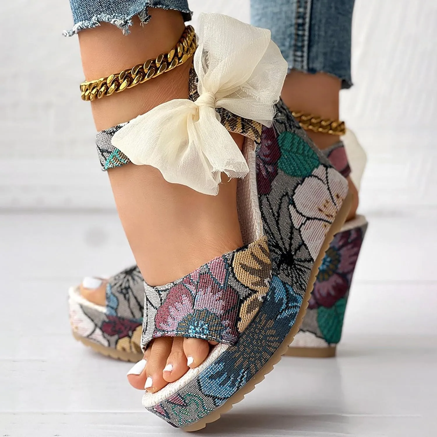 Roorsily Espadrilles Wedges Sandals for Women Thick Bottom Bohemian Sandals Fashion Wedge Sandals Satin Bowknot Sandals