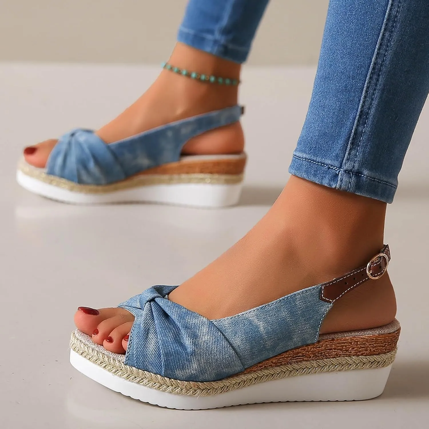 Roorsily Lightweight Wedge Sandals for Women Sandals Temperament Denim Sandals Arch Support Thick Bottom Sandals