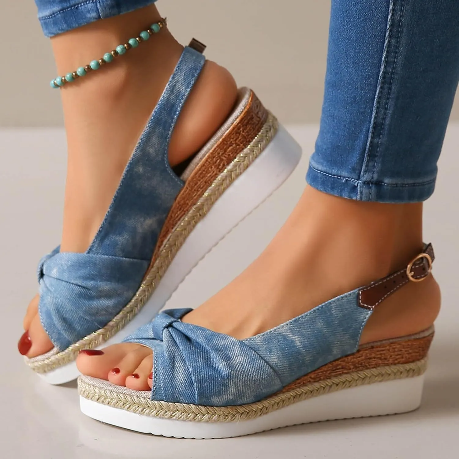Roorsily Lightweight Wedge Sandals for Women Sandals Temperament Denim Sandals Arch Support Thick Bottom Sandals