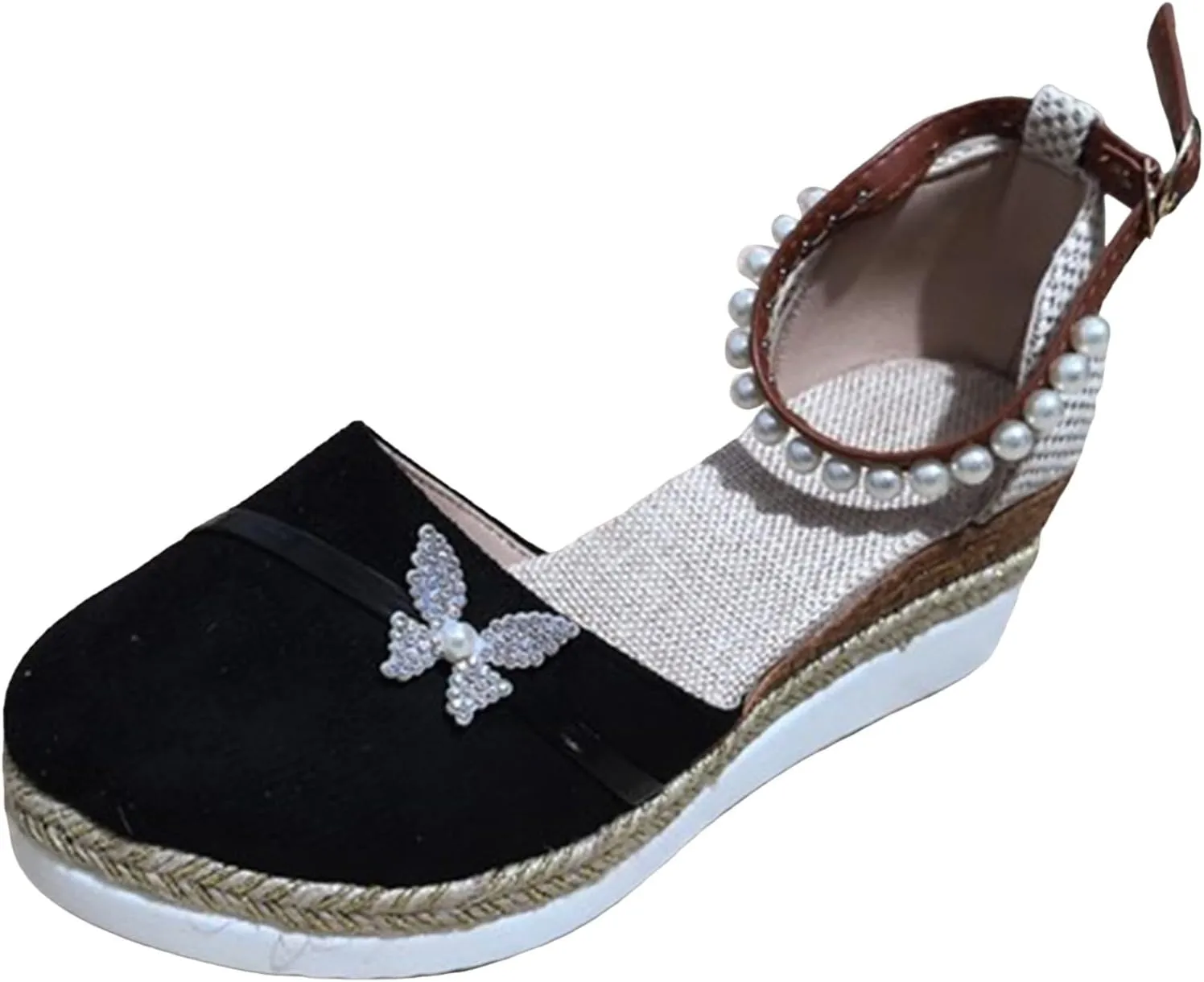 Roorsily Temperament Thick Bottom Shoes for Women Fashion Closed Toe Shoes Suede Pearl Ankle Strap Wedge Shoes for Women
