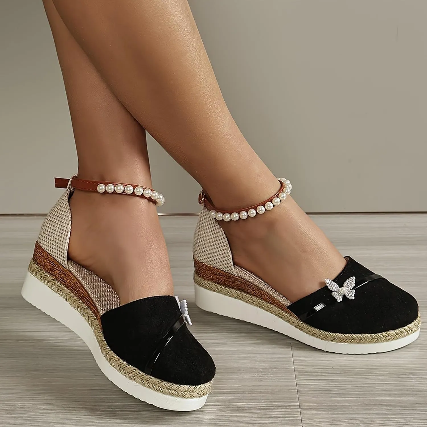 Roorsily Temperament Thick Bottom Shoes for Women Fashion Closed Toe Shoes Suede Pearl Ankle Strap Wedge Shoes for Women