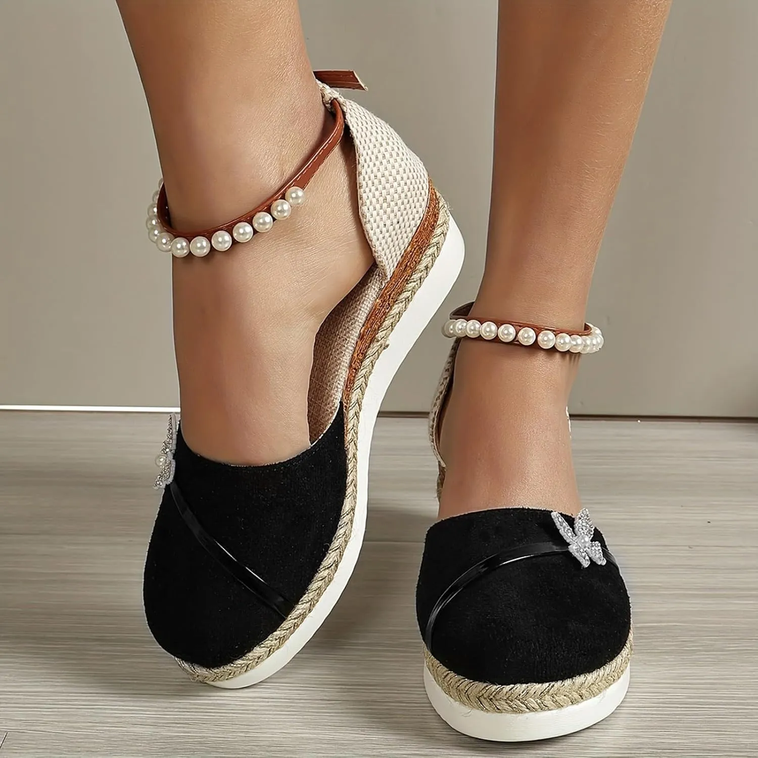 Roorsily Temperament Thick Bottom Shoes for Women Fashion Closed Toe Shoes Suede Pearl Ankle Strap Wedge Shoes for Women
