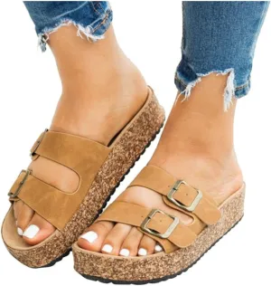 Sandals for Women Platform,Slip on Sandals with Soft Footbed and Buckle Strap Low Platform Slides Gifts for Women