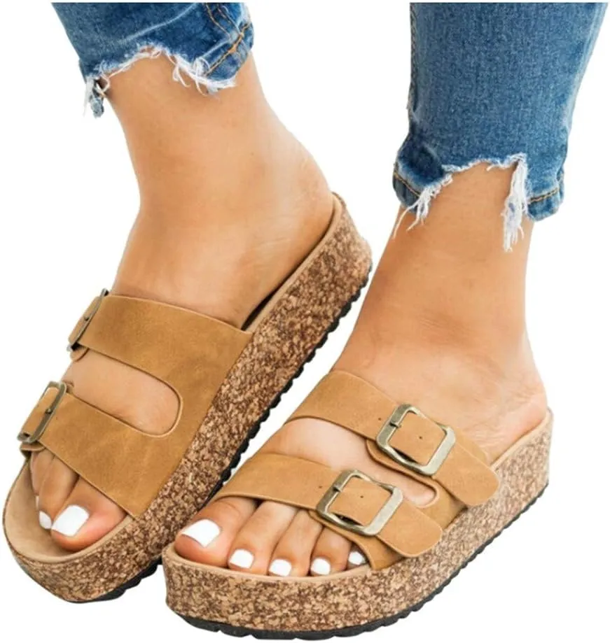 Sandals for Women Platform,Slip on Sandals with Soft Footbed and Buckle Strap Low Platform Slides Gifts for Women