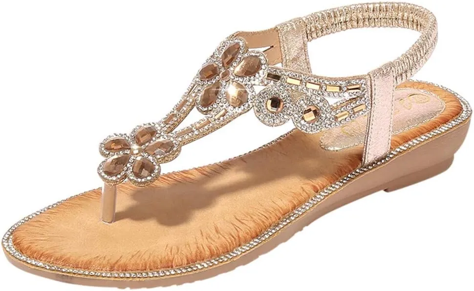 Sandals for Women Thong,Women's Bohemia Bling Rhinestone Pearl Flat Sandals Flat Gladiator Sandals Open Toe Dress Shoes