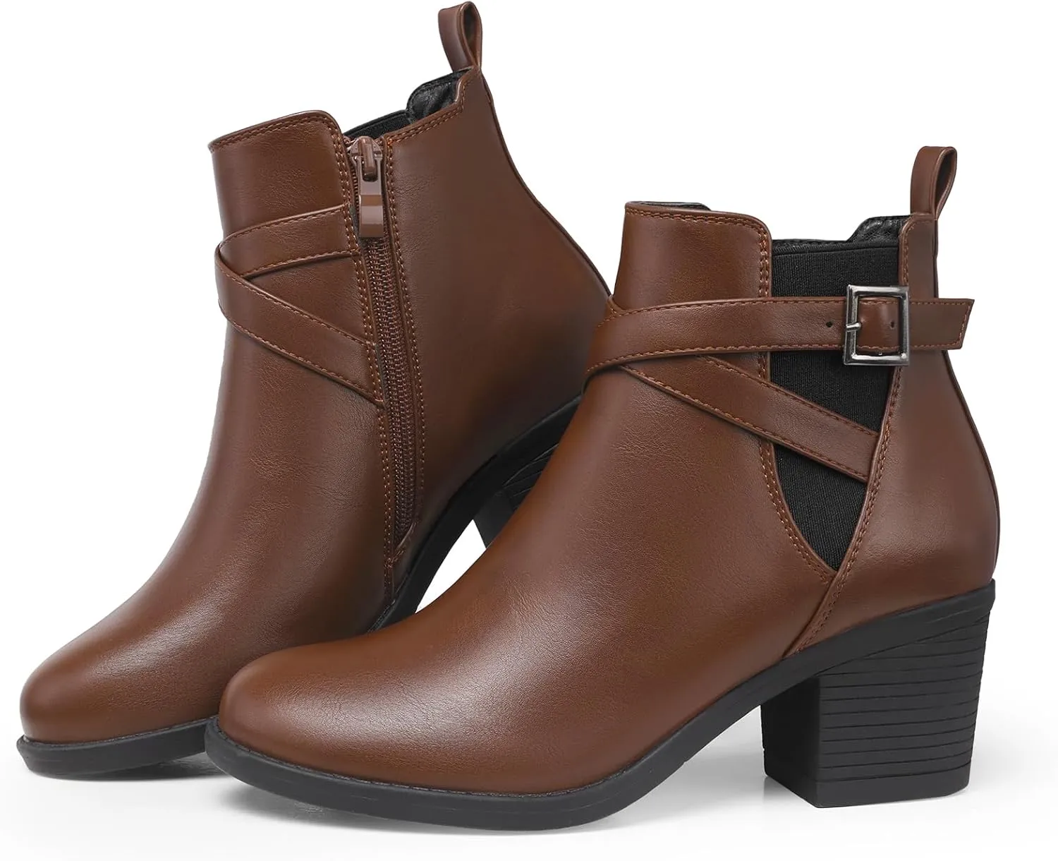 SHIBEVER Ankle Leather Boots for Women: Chunky Round Toe Low Heel Black Zipper Buckle Strap Casual Comfortable Block Elastic Winter Fall Chelsea Womens Booties