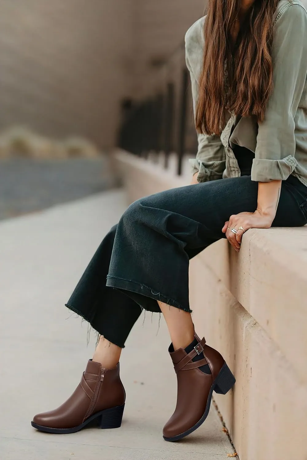 SHIBEVER Ankle Leather Boots for Women: Chunky Round Toe Low Heel Black Zipper Buckle Strap Casual Comfortable Block Elastic Winter Fall Chelsea Womens Booties