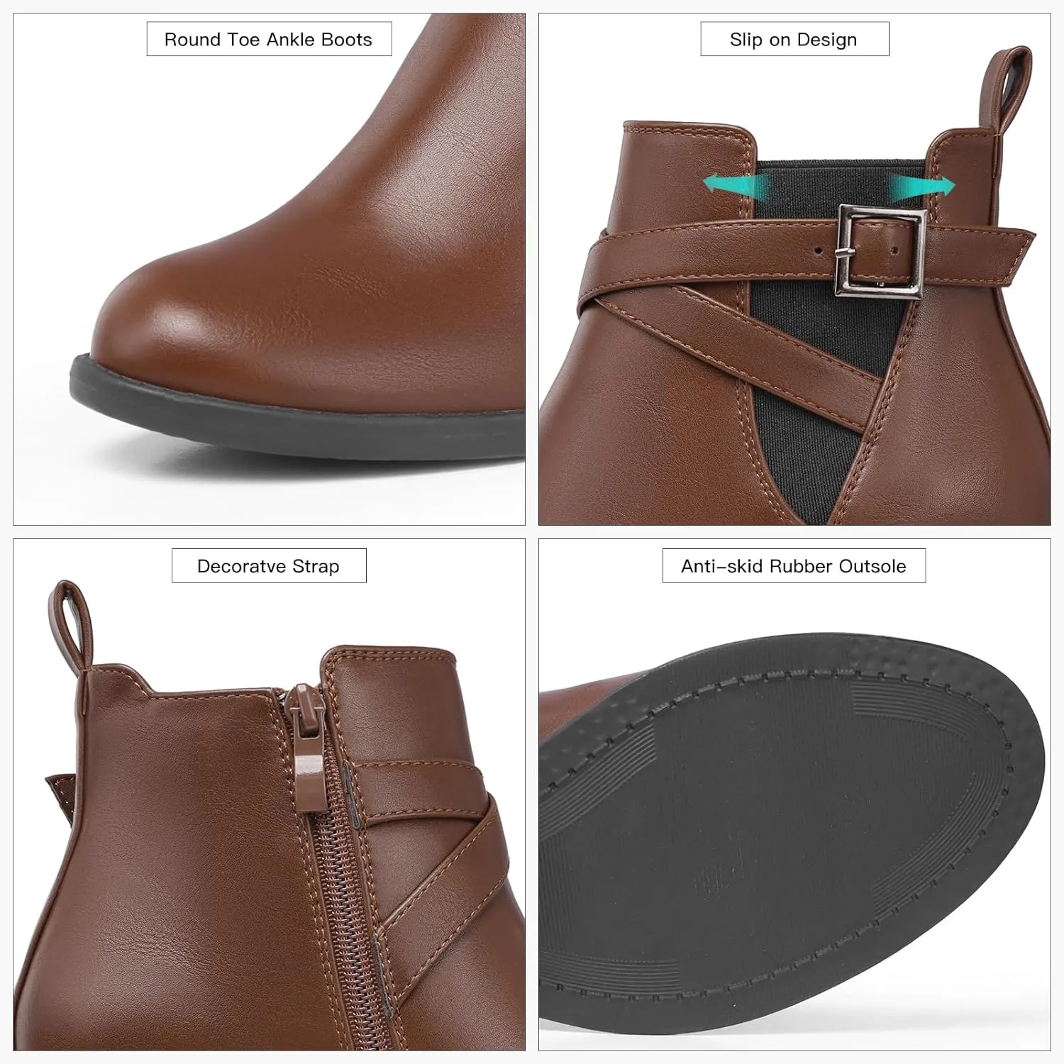SHIBEVER Ankle Leather Boots for Women: Chunky Round Toe Low Heel Black Zipper Buckle Strap Casual Comfortable Block Elastic Winter Fall Chelsea Womens Booties
