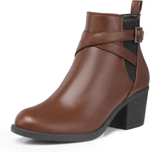 SHIBEVER Ankle Leather Boots for Women: Chunky Round Toe Low Heel Black Zipper Buckle Strap Casual Comfortable Block Elastic Winter Fall Chelsea Womens Booties