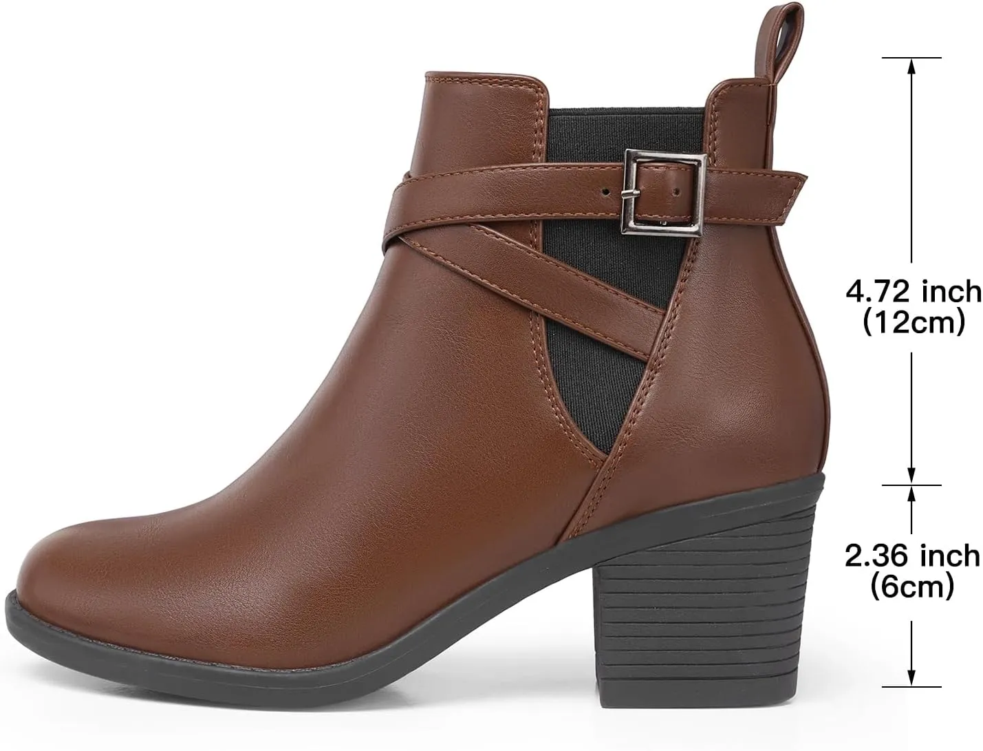 SHIBEVER Ankle Leather Boots for Women: Chunky Round Toe Low Heel Black Zipper Buckle Strap Casual Comfortable Block Elastic Winter Fall Chelsea Womens Booties