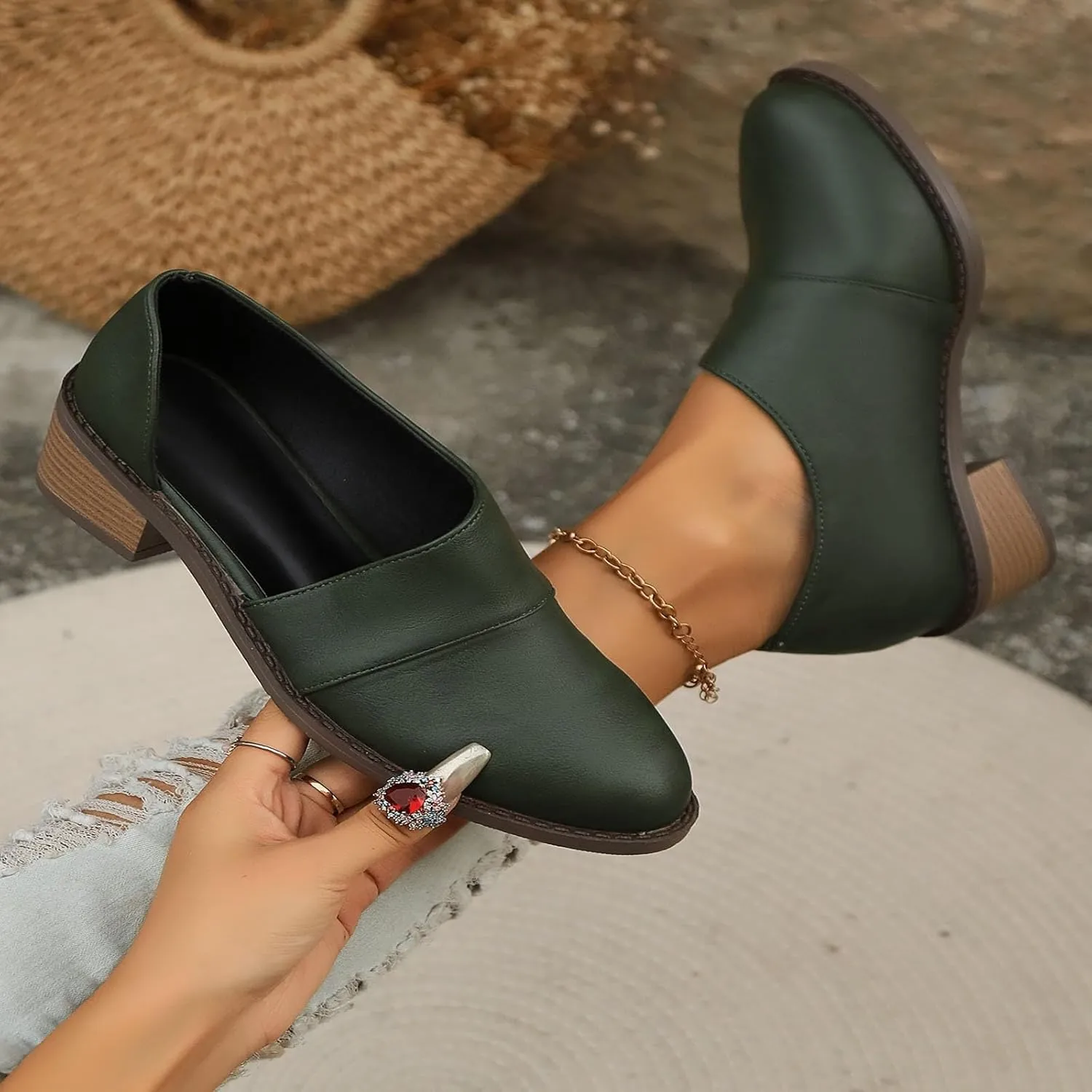 Slip On Women's Pumps Chunky Block Heels Pointed Toe Heels High Loafers Dress Work Shoes for Business