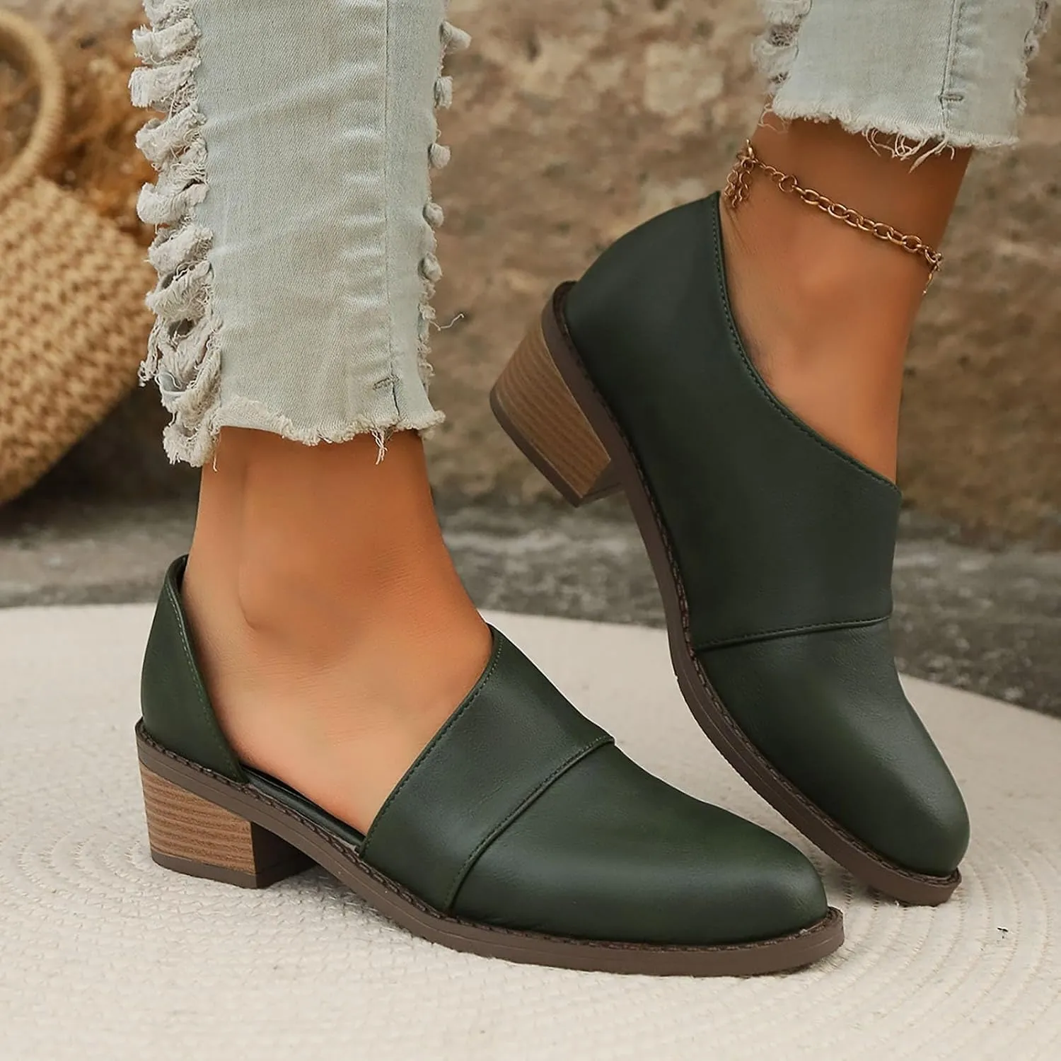 Slip On Women's Pumps Chunky Block Heels Pointed Toe Heels High Loafers Dress Work Shoes for Business