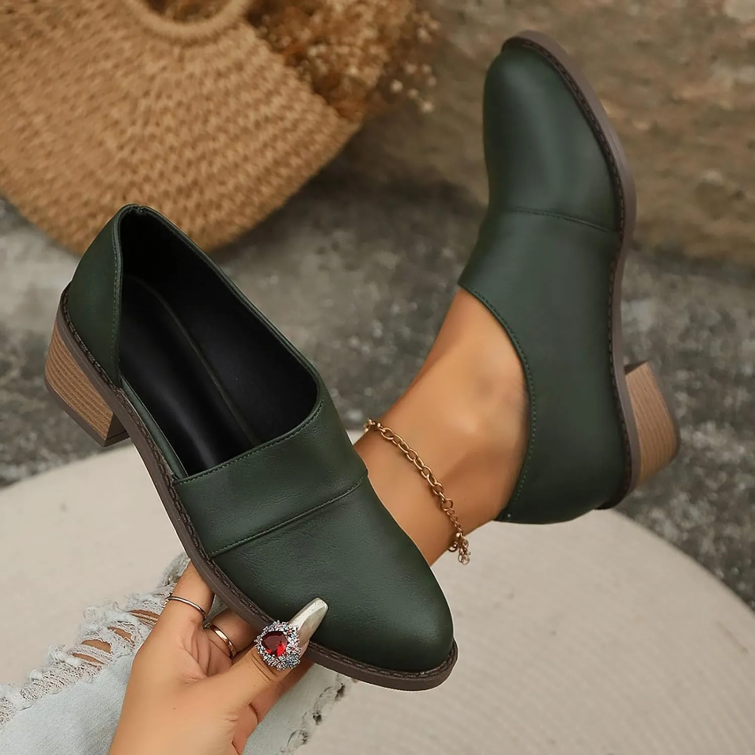 Slip On Women's Pumps Chunky Block Heels Pointed Toe Heels High Loafers Dress Work Shoes for Business