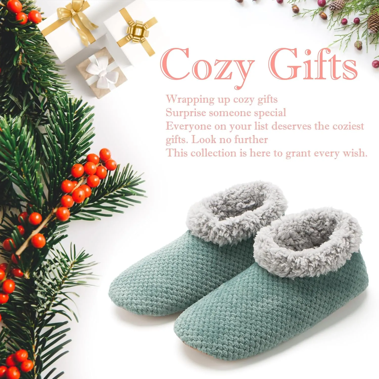 Soft Fuzzy Slippers for Women Indoor, Warm Furry House Sock Shoes Fluffy Lined, Bedroom Booties Non-Slip Gripper Soles, Winter Cozy Christmas Gifts