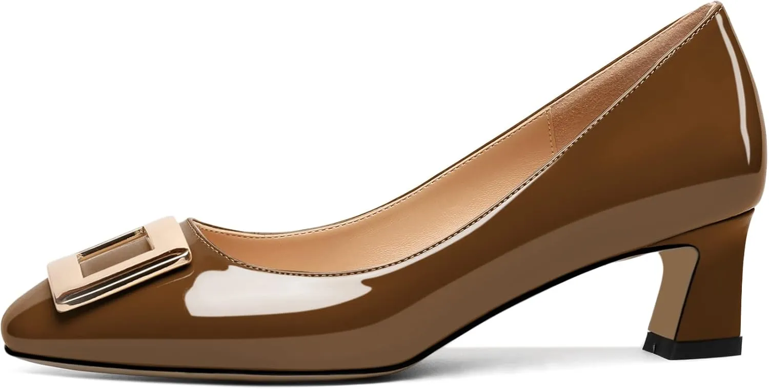 Soireelady Women Low Block Heel Pumps Elegant Square Toe Metal Buckle Heels Slip on 2Inches Closed Toe Loafers Comfort Shoes for Wedding Office Evening
