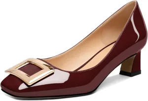 Soireelady Women Low Block Heel Pumps Elegant Square Toe Metal Buckle Heels Slip on 2Inches Closed Toe Loafers Comfort Shoes for Wedding Office Evening