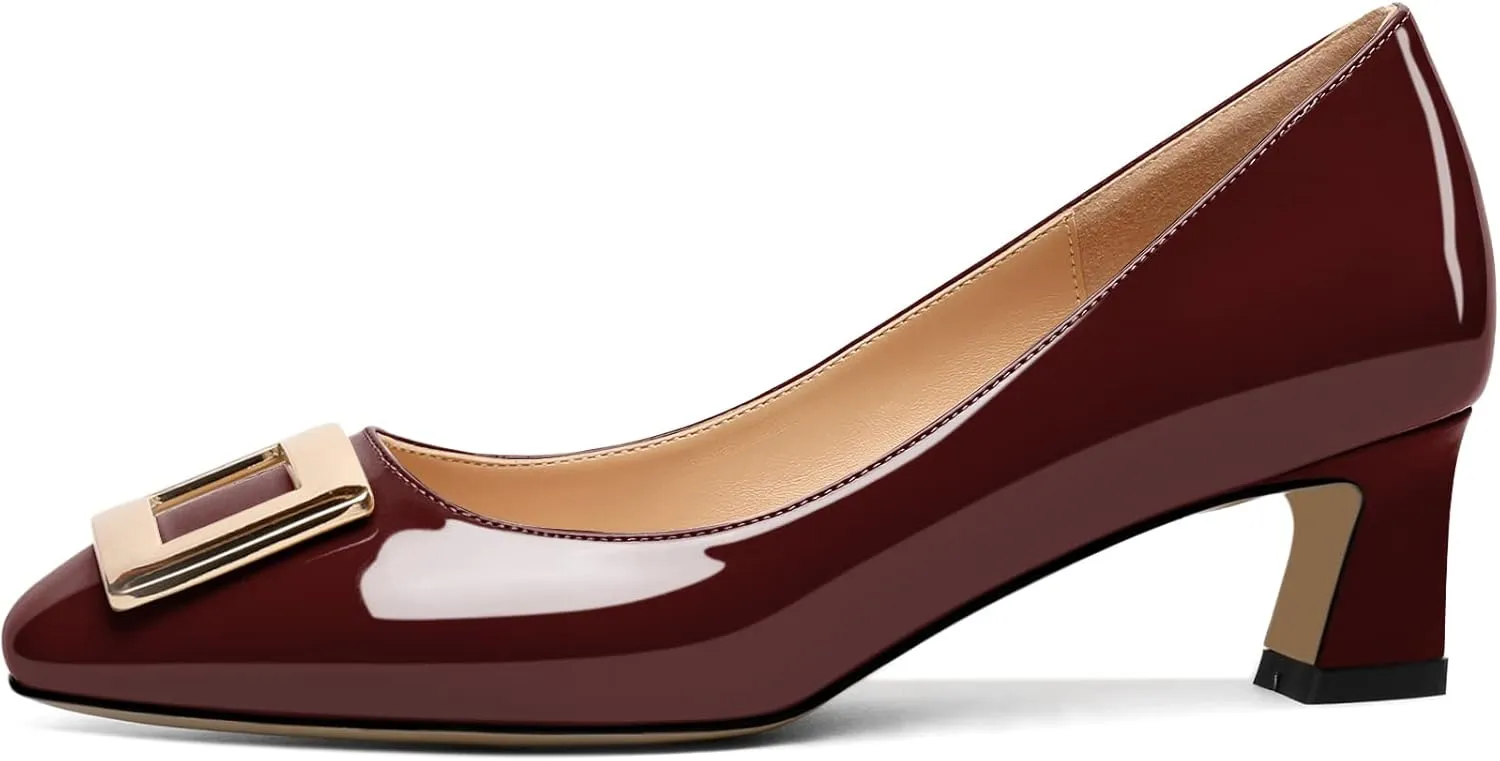 Soireelady Women Low Block Heel Pumps Elegant Square Toe Metal Buckle Heels Slip on 2Inches Closed Toe Loafers Comfort Shoes for Wedding Office Evening