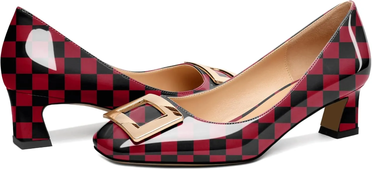 Soireelady Women Low Block Heel Pumps Elegant Square Toe Metal Buckle Heels Slip on 2Inches Closed Toe Loafers Comfort Shoes for Wedding Office Evening