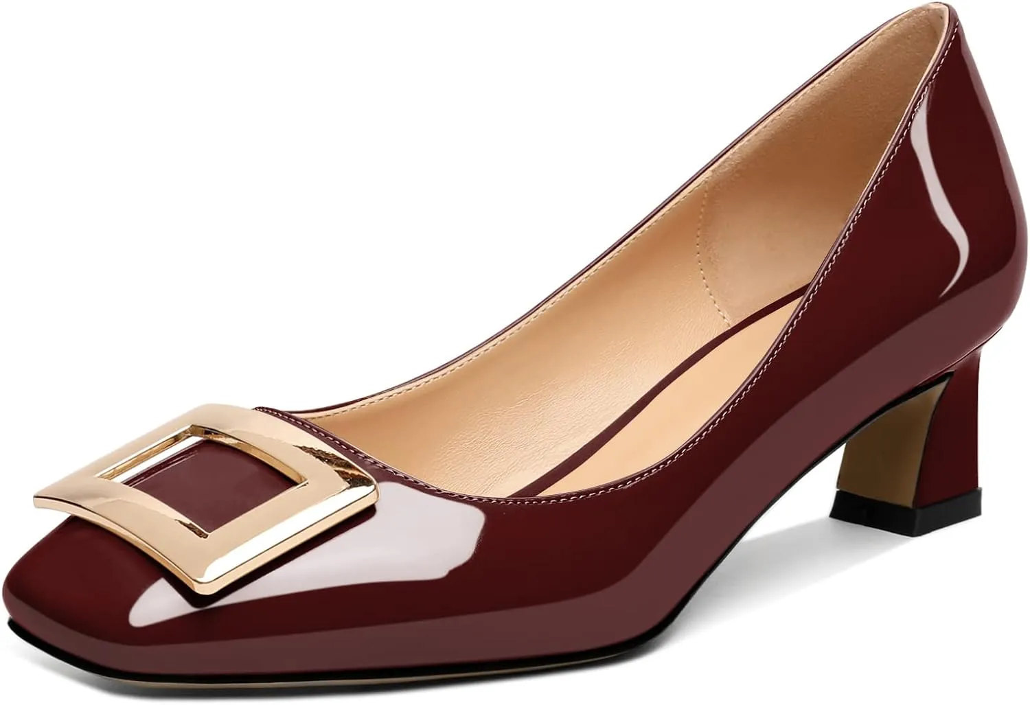 Soireelady Women Low Block Heel Pumps Elegant Square Toe Metal Buckle Heels Slip on 2Inches Closed Toe Loafers Comfort Shoes for Wedding Office Evening