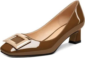 Soireelady Women Low Block Heel Pumps Elegant Square Toe Metal Buckle Heels Slip on 2Inches Closed Toe Loafers Comfort Shoes for Wedding Office Evening