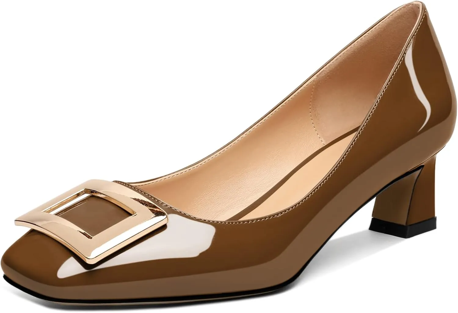 Soireelady Women Low Block Heel Pumps Elegant Square Toe Metal Buckle Heels Slip on 2Inches Closed Toe Loafers Comfort Shoes for Wedding Office Evening
