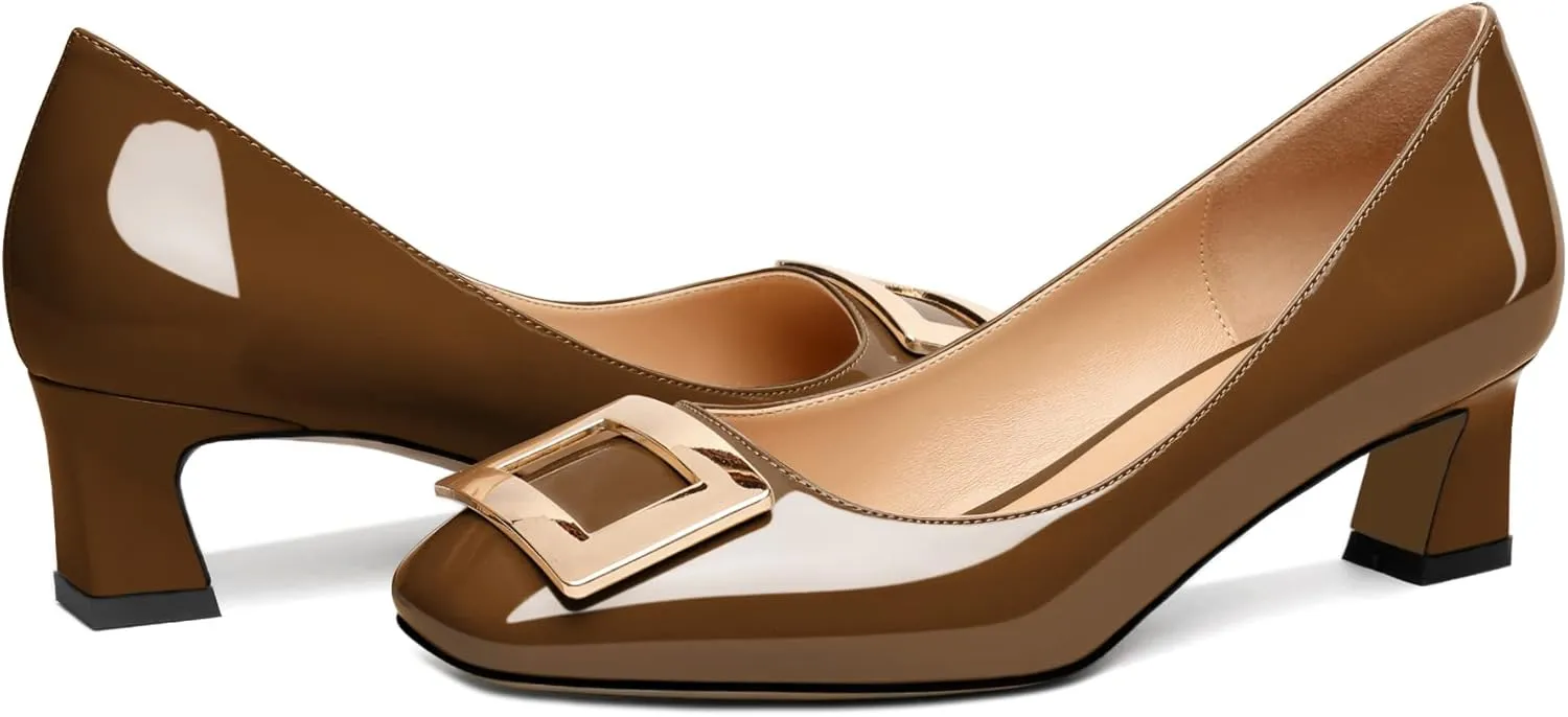 Soireelady Women Low Block Heel Pumps Elegant Square Toe Metal Buckle Heels Slip on 2Inches Closed Toe Loafers Comfort Shoes for Wedding Office Evening