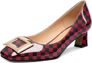 Soireelady Women Low Block Heel Pumps Elegant Square Toe Metal Buckle Heels Slip on 2Inches Closed Toe Loafers Comfort Shoes for Wedding Office Evening