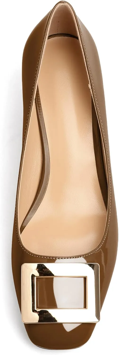 Soireelady Women Low Block Heel Pumps Elegant Square Toe Metal Buckle Heels Slip on 2Inches Closed Toe Loafers Comfort Shoes for Wedding Office Evening