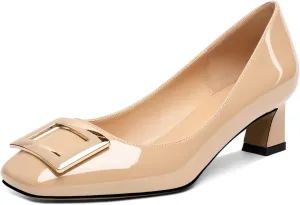 Soireelady Women Low Block Heel Pumps Elegant Square Toe Metal Buckle Heels Slip on 2Inches Closed Toe Loafers Comfort Shoes for Wedding Office Evening