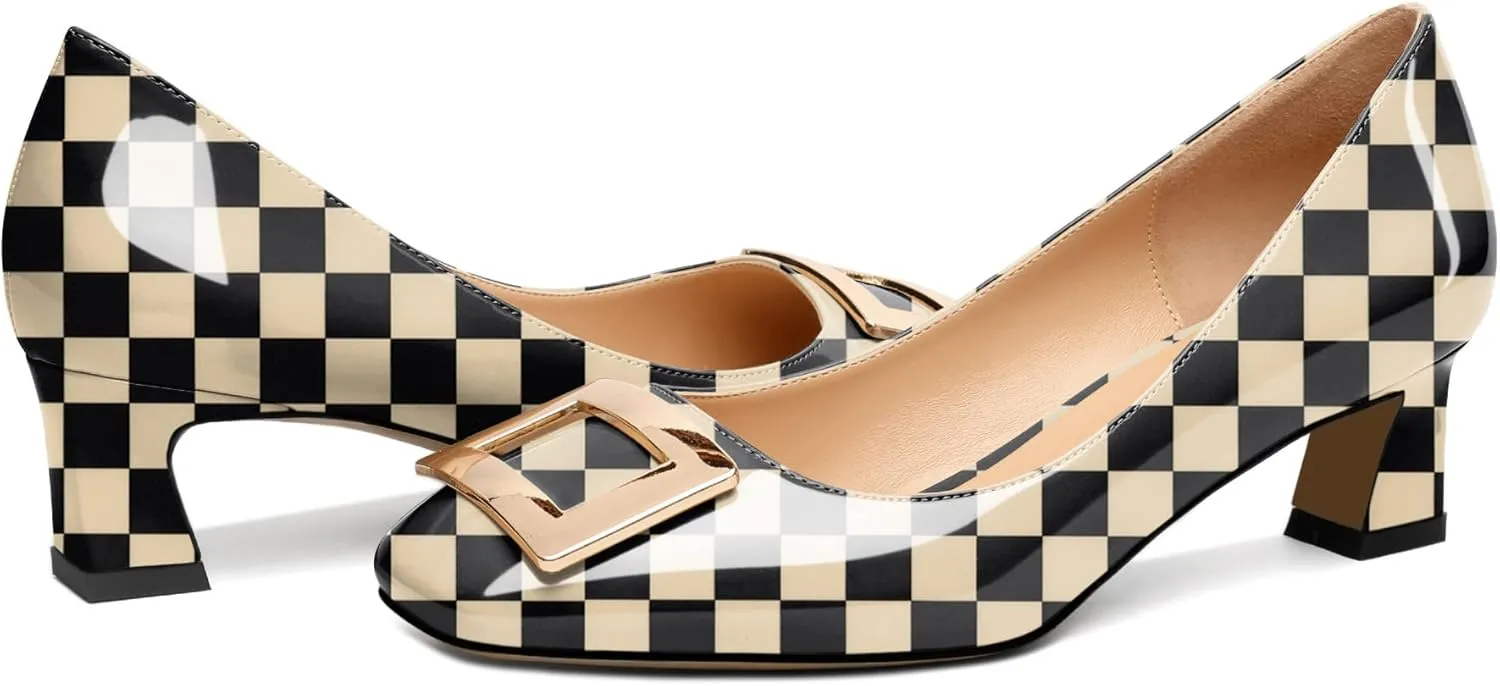 Soireelady Women Low Block Heel Pumps Elegant Square Toe Metal Buckle Heels Slip on 2Inches Closed Toe Loafers Comfort Shoes for Wedding Office Evening