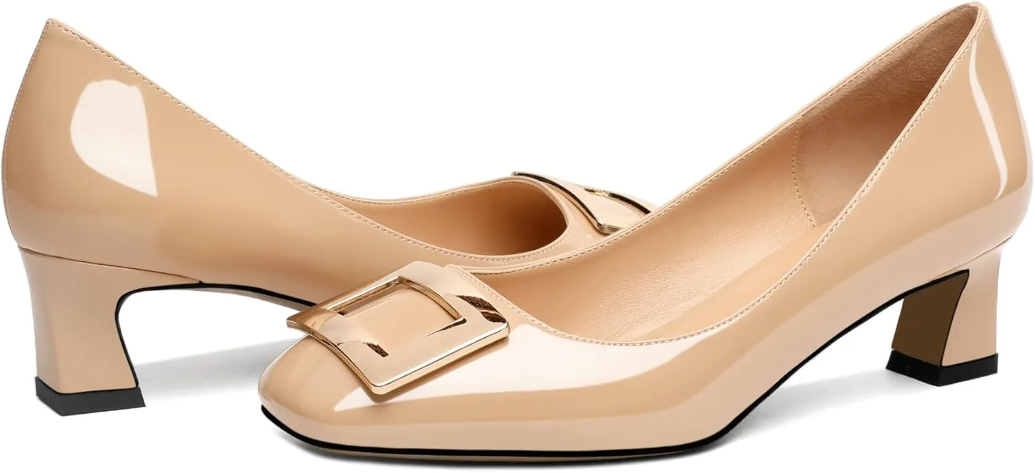 Soireelady Women Low Block Heel Pumps Elegant Square Toe Metal Buckle Heels Slip on 2Inches Closed Toe Loafers Comfort Shoes for Wedding Office Evening